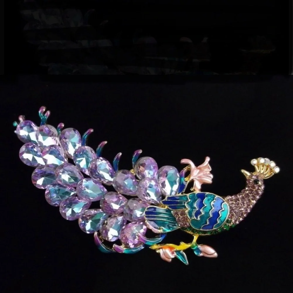 Enameled Rhinestone Big Peacock Brooch